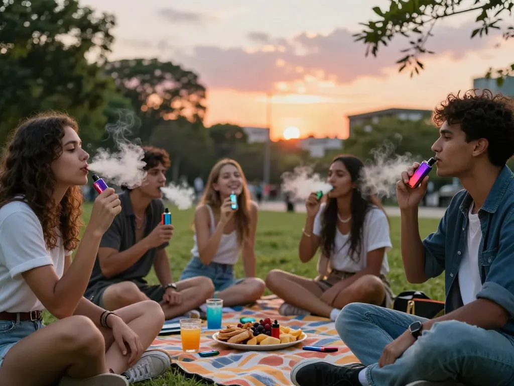 Group enjoying Flum disposable vapes in urban park at sunset